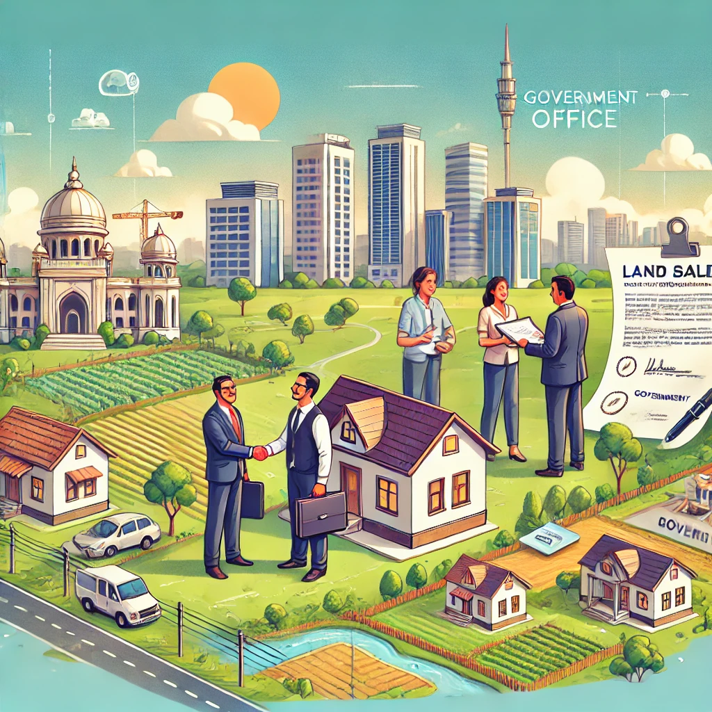 An attractive illustration showing people engaged in real estate transactions in Ranchi, Jharkhand. A trusted land broker is meeting with clients.